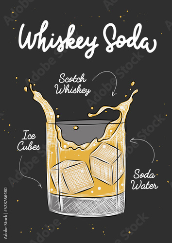 Vector engraved style Whiskey Soda cocktail with ice cubes and splashes illustration for posters, decoration, menu and print. Hand drawn sketch with lettering and recipe, beverage ingredients.