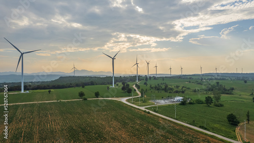 View from drone of Wind turbine farm at mountain,renewable electric power