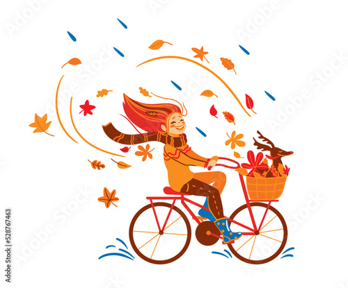 Girl rides a bike in the autumn park with her dog. Autumn mood.  Vector illustration.