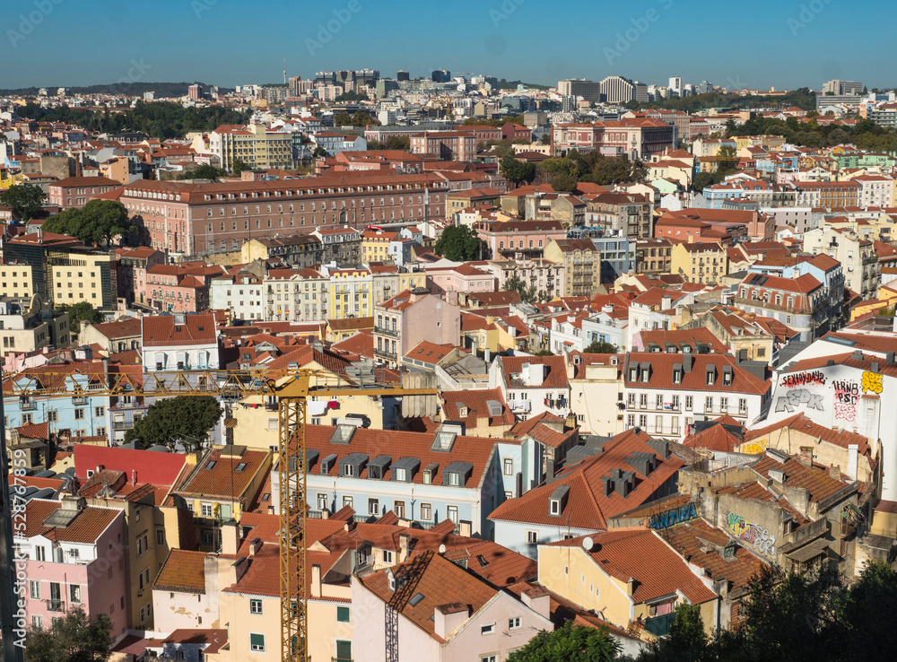 Aerial panoramic view of Lisbon skyline in Portugal seen from the viewpoint called Miradouro da Graca at Alfama district