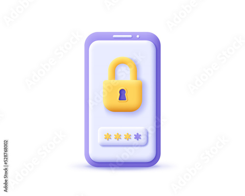 3d icon locked padlock with password on smartphone. Render mobile with lock for security, safety, protection, privacy and encryption concept. 3d realistic vector illustration cellphone