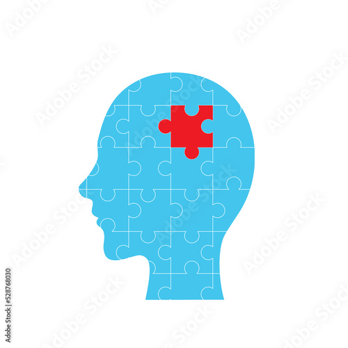 head in a jigsaw puzzle. concept of mental health thought or idea. blue badge logo for psychology or creative business