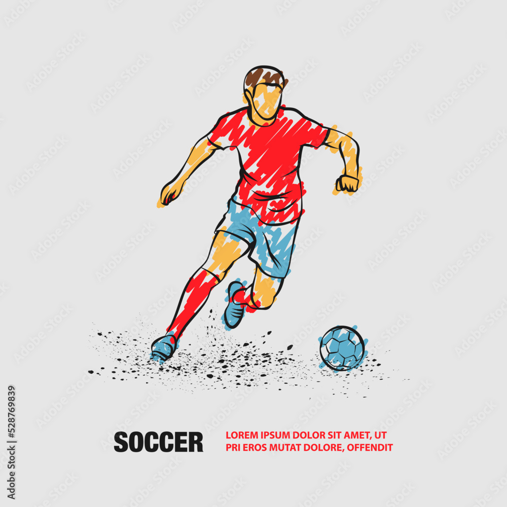 Soccer player dribbling with the ball. Vector outline of soccer player with scribble doodles style drawing.