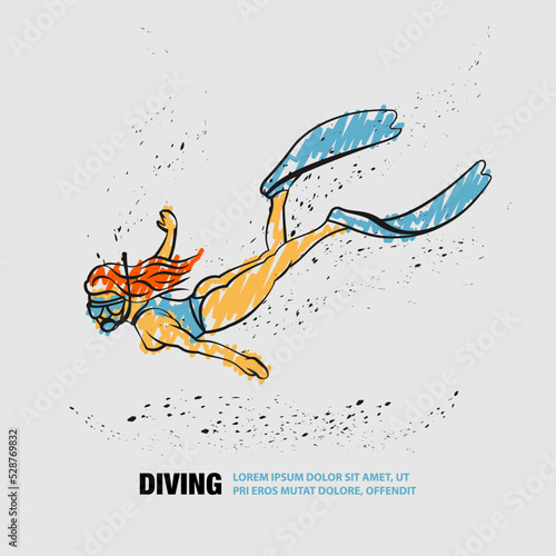 Diver girl linear silhouette in underwater space. Vector outline of diving illustration with scribble doodles style drawing.