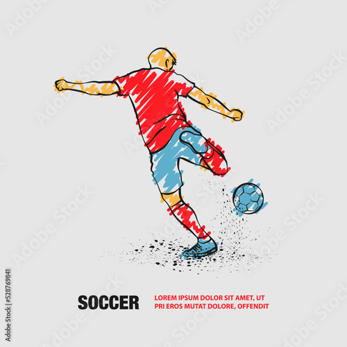 Soccer striker, back view. Vector outline of soccer player with scribble doodles style drawing.