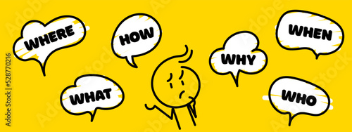 Question who, what, how, why, for what and where. Speech bubble with ask question and doodle stick man. Vector illustration on yellow background. Vector illustration. Speak english.