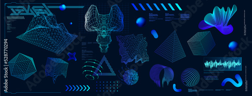 Holographic Retro futuristic 80s-90s
style. Cyberpunk concept. Shapes design elements, Retrofuturism style. Abstract objects and forms with glitch.