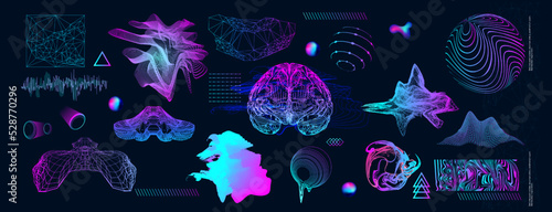 Holographic Retro futuristic 80s-90s
style. Cyberpunk concept. Shapes design elements, Retrofuturism style. Abstract objects and forms with glitch.