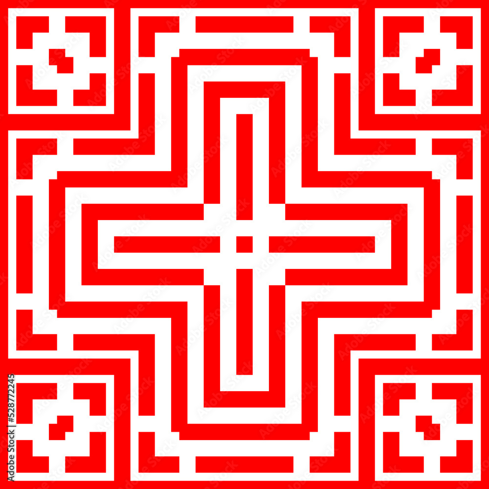 Repeated red figures on white background. Ornamental wallpaper. Seamless surface pattern design with symmetrical lines, polygons and brackets ornament. Ethnic motif. Digital paper for print. Vector Repeated red figures on white background. Ornamental wallpaper. Seamless surface pattern design with symmetrical lines, polygons and brackets ornament. Ethnic motif. Digital paper for print. Vector