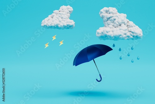 rainy weather. clouds with rain and an umbrella on a blue background. cpy paste, copy space. 3d render photo