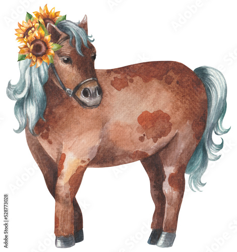 Brown pony with sunflowers