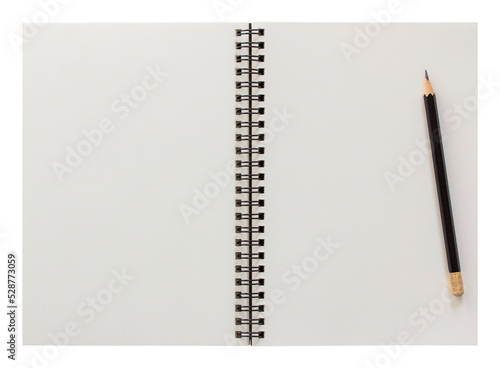 blank spiral notebook and pencil isolated with clipping path for mockup
