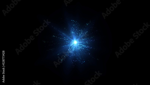 Explosion effect. Neon dotts particles. Isolated on black. Abstract background. Blue color.