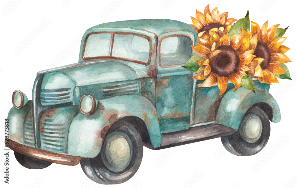 Vintage light blue pickup truck with sunflowers - obrazy, fototapety, plakaty 