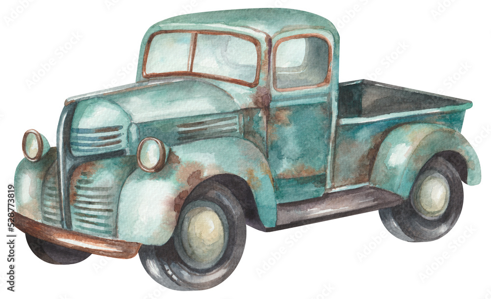 Vintage light blue pickup truck - obrazy, fototapety, plakaty 