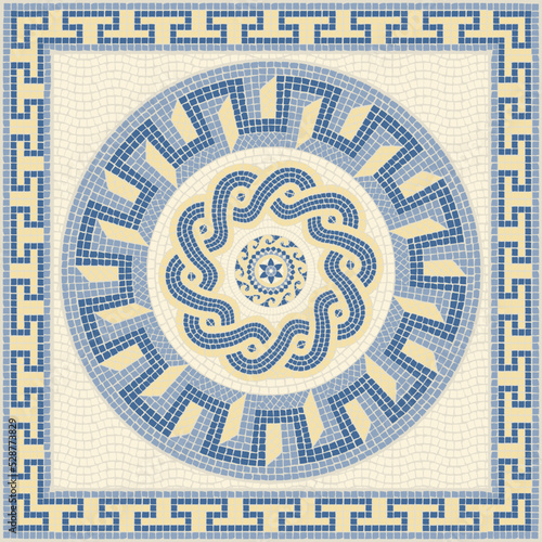 Mosaic tile with circular ornaments in blue, yellow and beige. For ceramics, tiles, ornaments, backgrounds and other projects.