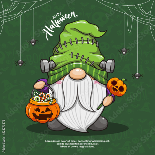 Happy Halloween With Cute Gnome Frankenstein On Seamless Background, Cute Cartoon Illustration