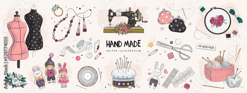 Set of hand drawn sketch handmade, sewing, embroidery and knitting elements isolated on background. Vector illustration of sewing machine, mannequin, embroidery frame, pin cushion