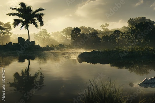 crocodile falls into a water dam with reflection, 3D Render. Raster illustration.