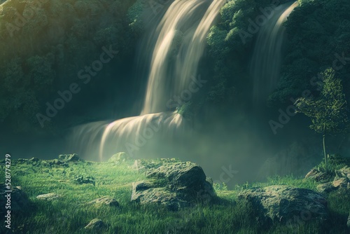 waterfall  beautiful scenery  3d render  Raster illustration.