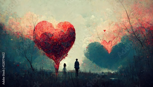Abstract valentine picture with love couple and red heart balloon forest landscape.