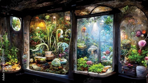 Children digital illustration, greenhouse with magic fairy tale plants, fairyland wallpaper, printable beautiful painting photo