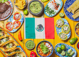 Mexican festive food for independence day independencia - around mexican flag. Top view , Yellow background.