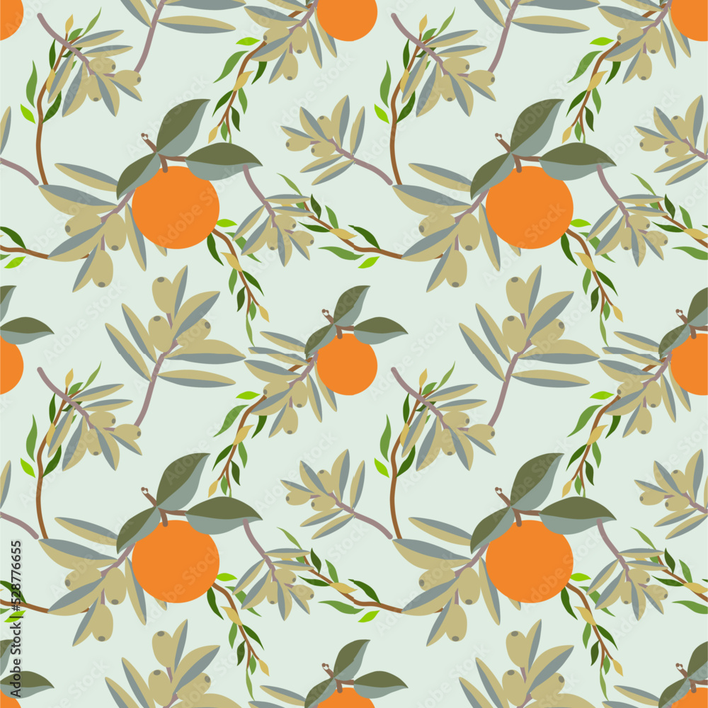 Seamless flat vector image of fresh orange motifs and numerous shades of green leaves. Seamless flat vector image of fresh orange motifs and numerous shades of green leaves.