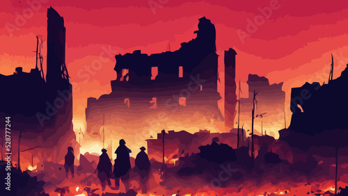 night town under bombing, war, destroyed buildings
