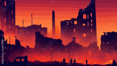 night town under bombing, war, destroyed buildings