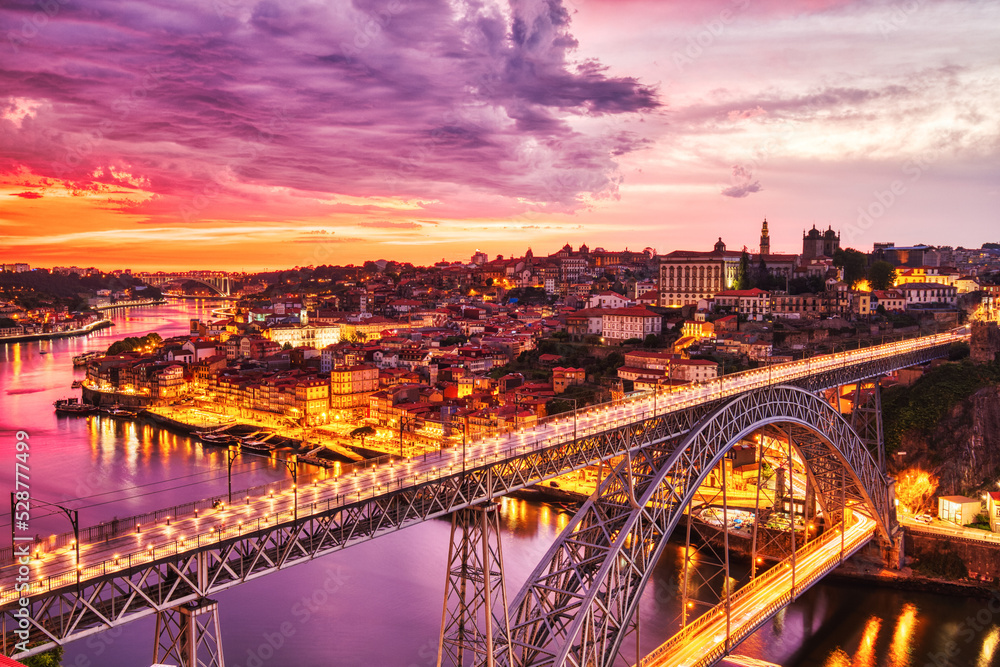 Porto Aerial Cityscape with Luis I Bridge and Douro River at Amazing Sunset