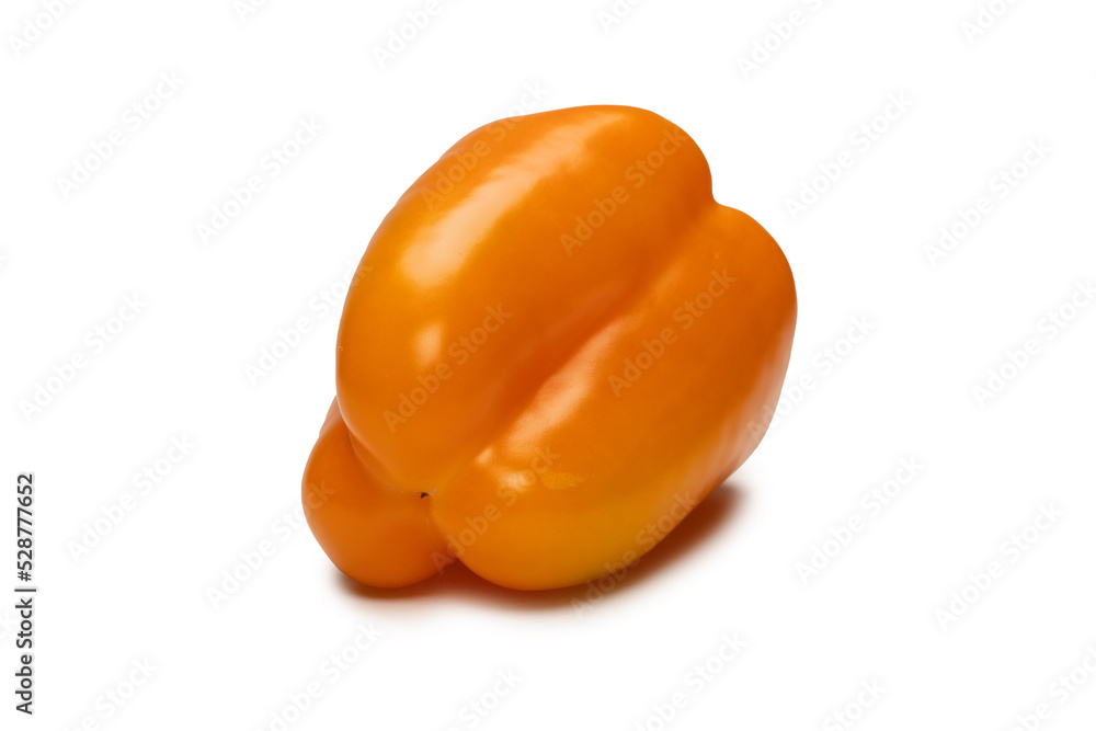 Orange bell pepper isolated on white background. Top view. Copy space. Orange bell pepper isolated on white background. Top view. Copy space.