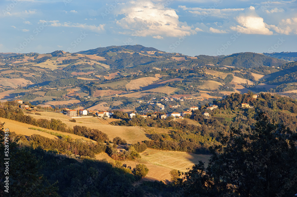 Belvedere Fogliense and Case Bernardi, in the Marche region of Italy,  viewed from Mondaino in the Emilia-Romagna region of Italy