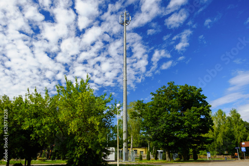 Telecomunication tower at the sky. Cell phone connectivity 5G, mobile base station