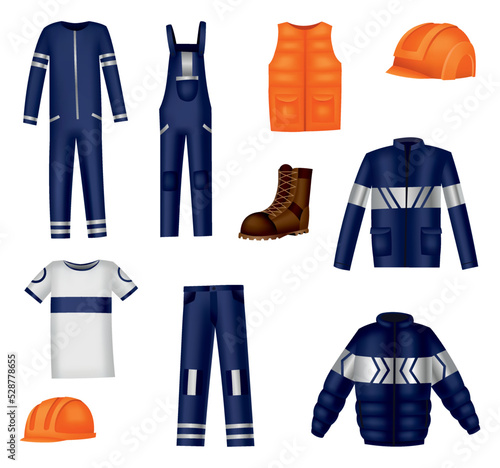 Workwear uniform and worker clothes, safety jackets and overall vests. Work wear clothing suits and outfit garments for construction and builders, hardhat helmet and pants mockups