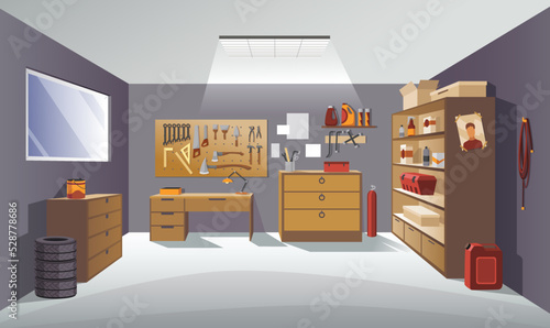 Garage interior with instruments, tools for carpentry and repair works. Empty workshop. Workplace of the master on car repair with working tools