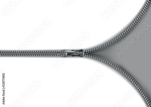 Zipper open background. Half opened flat isolated metalic zipper on gray background. Accessory or clothes element. Vector design illustration