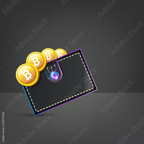 Cryptocurrency digital wallet concept illustration with wallet isolated on grey background. Crypto wallet label, icon, mobile app icon, button, social media post, banner and poster design template.