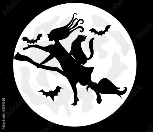 Halloween illustration.Full moon.Witch flies on a broomstick with a black cat and bats.Silhouette of a witch and a cat on the background of the full moon.