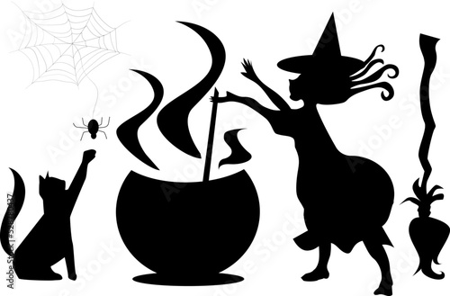 witch brews a magic potion and conjures at the cauldron