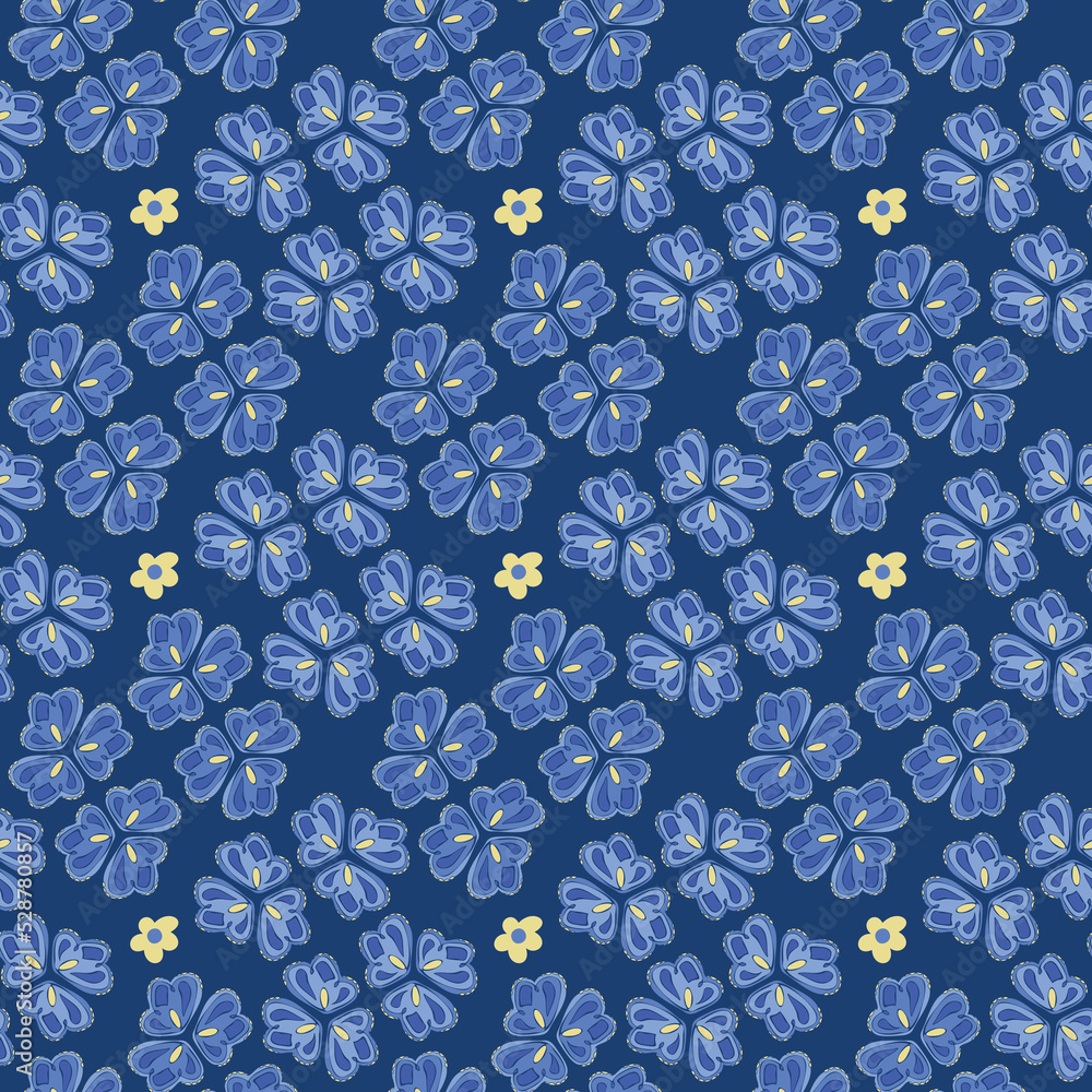 Vector seamless pattern with blue flowers. Hand drawn design with decorative flowers. Vector seamless pattern with blue flowers. Hand drawn design with decorative flowers.
