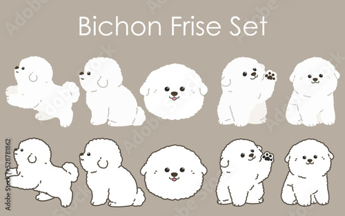 Simple and adorable white Bichon Frise illustrations set photo