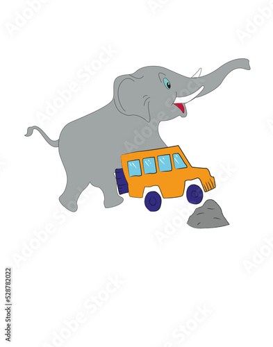 Fun elephant and car drawing. Kid room design.