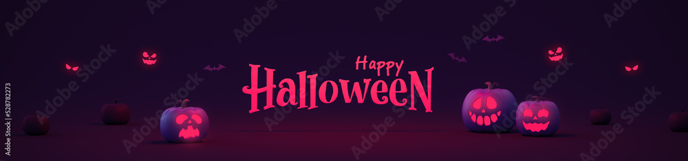 Horizontal banner Halloween background with scary faces pumpkins are glowing in dark. Black and purple template for Halloween. 3d render.