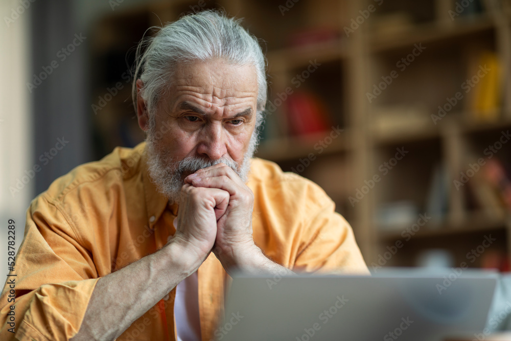 Concentrated pensioner sitting in front of laptop at home Concentrated pensioner sitting in front of laptop at home