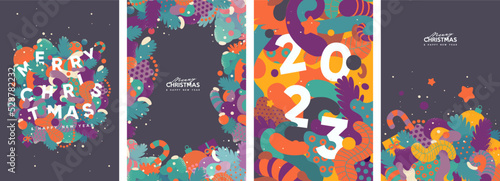 Christmas and Happy New Year. Winter Holiday. 2023. Simple flat illustrations. Set of vector postcards.