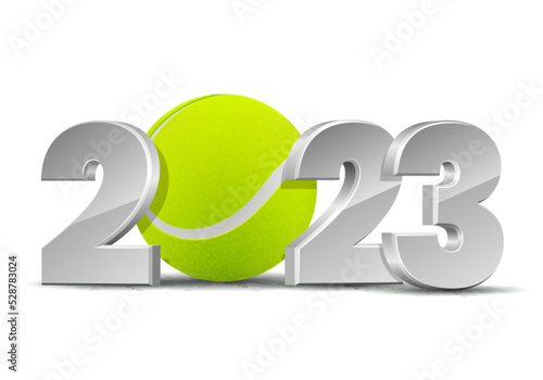 New Year numbers 2023 with Tennis ball isolated on white background.