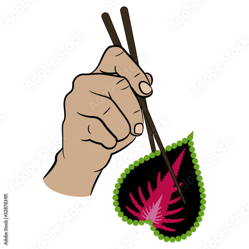 Human hand holding a leaf of Coleus scutellarioides plant with chopsticks. Creative concept. Isolated vector illustration.
