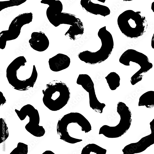 Organic irregular shapes seamless pattern. Hand drawn abstract vector ornament with wavy brush strokes and black blots. Biological grunge squiggle lines. Hand drawn various organic shapes. 