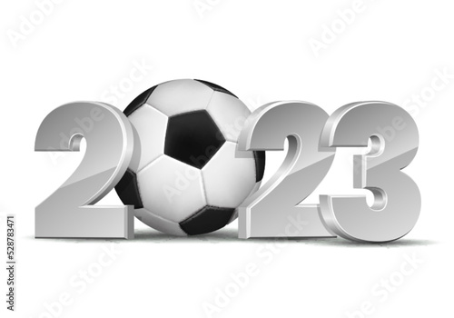 New Year numbers 2023 with soccer ball isolated on white background.